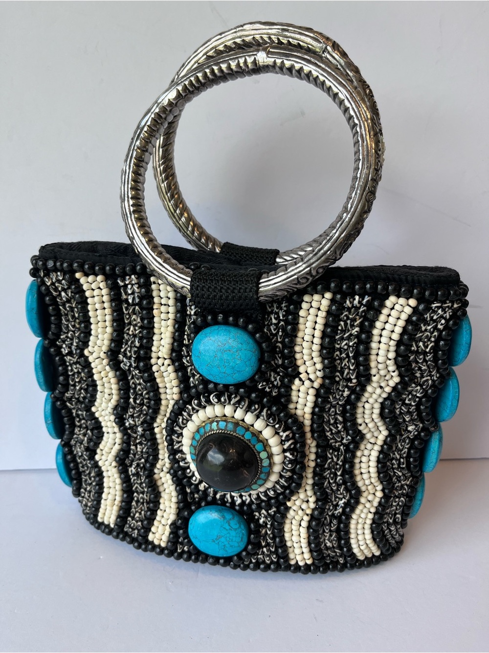 Vintage Beaded Chunky Faux Turquoise Black Handbag Purse Estate Sale